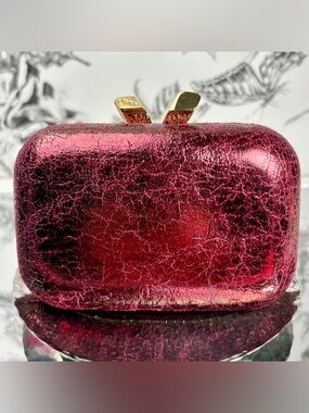 Kotur Metallic Maroon “Margo” Foil Mini 5” Clutch Purse w/ Gold Chain Strap